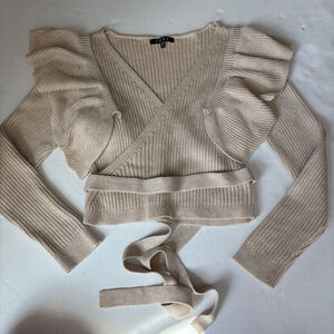 Women's FORE Wrap long sleeve ruffle ribbed knit Sweater Tan Size M
